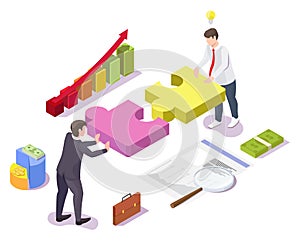 Business people solving jigsaw puzzle, vector isometric illustration. Teamwork, cooperation, partnership, strategy.