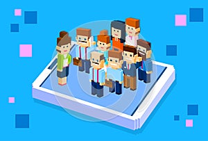 Business People Stand On Big Cell Smart Phone Social Network Communication Group 3d Isometric