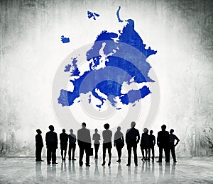 Business People Standing with Blue Europe Cartography photo