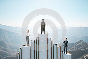 Business people standing on book mountain on sky background with mock up place. Education and challenge concept