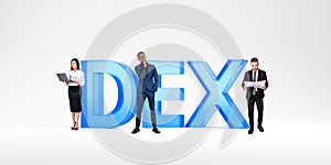 Business people standing near DEX sign