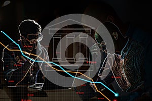 Business people, stress and financial chart with double exposure, stock market crash and data analysis. Trading crisis