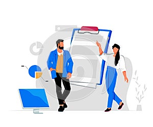 Business people studying finance report, business result, flat vector illustration