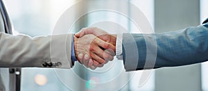 Business people, support and shaking hands for agreement, meeting and b2b deal for success, welcome and reward. Closeup