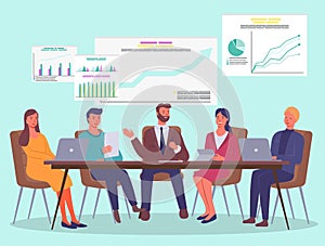 Business people at table, use laptops, whiteboards with analytic data, charts, financial monitoring