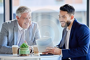 Business people, tablet and laughing on break for funny joke, meme or social media at the office. Businessman showing