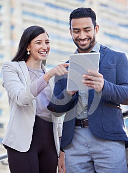 Business people, tablet and team outdoor in a city with internet connection for social media. A happy man and woman