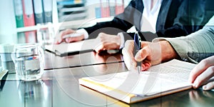 Business people taking notes, geometric pattern