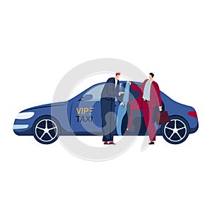 Business people, taxi VIP travel, driver vehicle, isolated on white, transport passenger, design, flat style vector