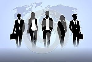 Business People Team Crowd Black Silhouette Businesspeople Group Human Resources over World Map Background