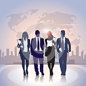 Business People Team Crowd Black Silhouette Businesspeople Group over World Map City Background