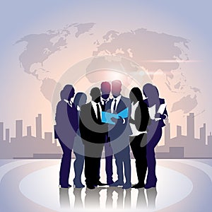 Business People Team Crowd Silhouette Businesspeople Group Hold Document Folder Over World Map