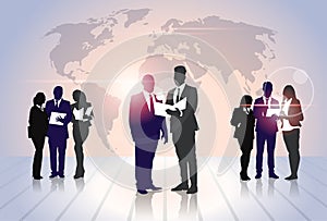 Business People Team Crowd Silhouette Businesspeople Group Hold Document Folders Over World Map
