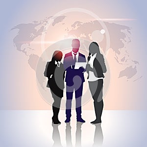 Business People Team Crowd Silhouette Businesspeople Group Hold Document Folders Over World Map