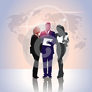 Business People Team Crowd Silhouette Businesspeople Group Hold Document Folders Over World Map