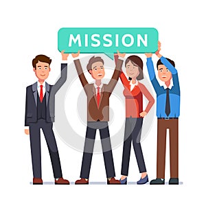 Business people team holding mission speech bubble