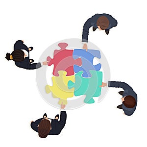 Business People team with jigsaw puzzle pieces. Finance solution concept.