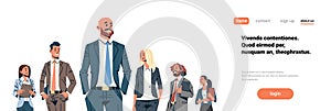 Business people team leader businessmen women standing together leadership concept male female cartoon character
