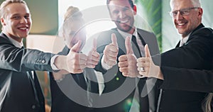 Business people, team and meeting with thumbs up for good job, well done or vote together at office. Portrait or group