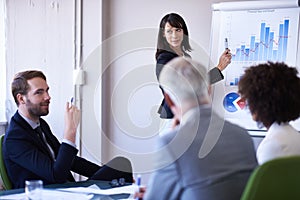 Business people, team and presentation or conference on infographics with white board, financial statistics and sales