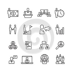 Business people team relationship, human management thin line vector icons set