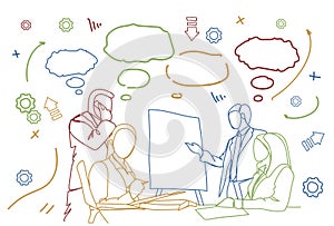 Business People Team Seminar Group Of Businesspeople Sit At Desk Together Brainstorming Meeting Doodle