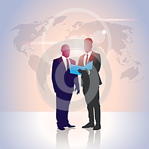 Business People Team Silhouette Businessman Hold Document Folders Over World Map