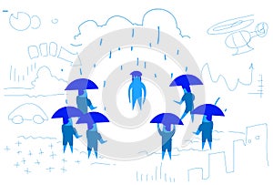 Business people team with umbrella unprotected coworker disappointed outlaw concept hard working process horizontal