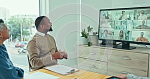 Business people, team and video conference meeting in office for online presentation, feedback and collaboration on