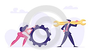 Business People Teamwork Characters. Businessman with Wrench and Woman with Cogwheel. Technical Support Service