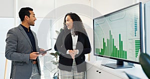 Business people, teamwork and computer screen for data analysis and finance growth, revenue proposal or sales report