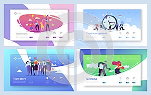 Business People Teamwork Landing Page Set. Creative Corporate Team Collaboration Work for Innovation Time Management