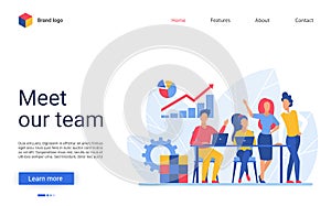 Business people teamwork vector illustration, website interface creative design with cartoon team meeting in office