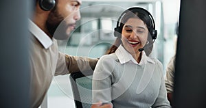 Business people, telemarketing and celebration with group, call center and computer with kpi review, positive email and