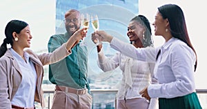Business people, toast and Champagne for celebration and success with deal, contract and teamwork outdoor. Cheers