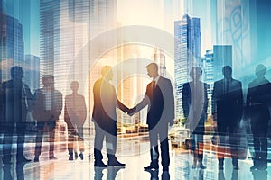 Business people together in group on background of city view with office building