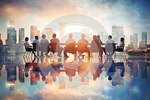 Business people together in group on background of city view with office building