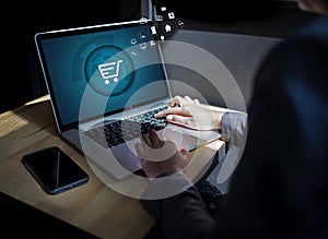 Business people use Technology Ecommerce Internet Global Marketing Purchasing Plan and Bank Concept