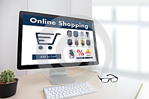 Business people use Technology Ecommerce Internet Global Marketing Purchasing Plan and Bank Concept