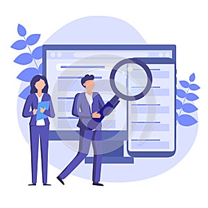 Business people using SERP on computer and smartphone. Search Engine Results Pages vector concept illustration