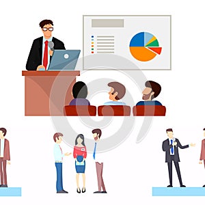 Business people vector groups presentation to investors conferense teamwork meeting characters interview illustration. photo