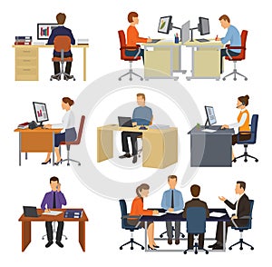 Business people vector professional workers sitting at table with laptop or computer in office illustration set of