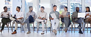 Business people, waiting and job interview with recruitment, hiring or team in modern office. Staff, group or employees