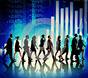 Business People Walking Financial Figures Concepts