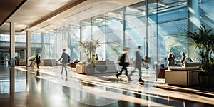 Business People walking in modern futuristic lobby, Blurred motion