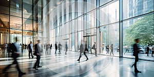 Business People walking in modern futuristic lobby, Blurred motion