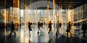 Business People walking in modern futuristic lobby, Blurred motion