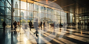 Business People walking in modern futuristic lobby, Blurred motion