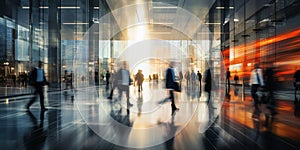 Business People walking in modern futuristic lobby, Blurred motion