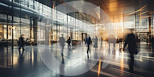 Business People walking in modern futuristic lobby, Blurred motion